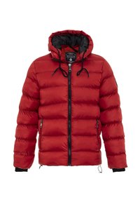 Rote Daunenjacke mit schwarzer Kapuze, durchgehendem Reißverschluss, gerippten Bündchen und seitlichen Taschen. Die gesteppten Details sorgen für Isolation und Struktur.