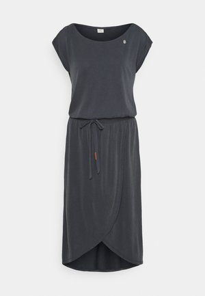 Dunkelgraues knielanges Kleid mit kurzen Ärmeln, Kordelzug in der Taille und Wickeloptik am Saum vorne.