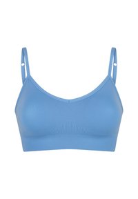 Bralette azzurro chiaro con spalline regolabili, una finitura in tessuto liscio e un design senza cuciture, caratterizzata da un morbido elastico nella parte inferiore.