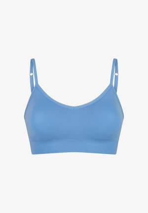 Vaaleansininen rintaliivi, jossa on säädettävät olkaimet, sileä kangaspinta ja saumaton muotoilu, joka sisältää pehmeän elastisen vyön alareunassa.