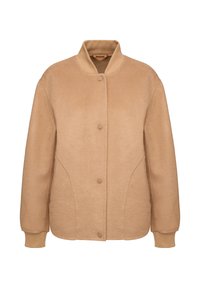 Tan wollen blend jasje met een ronde kraag, knopen aan de voorkant en ribgebreide manchetten. Heeft een soepele textuur en een getailleerd silhouet.