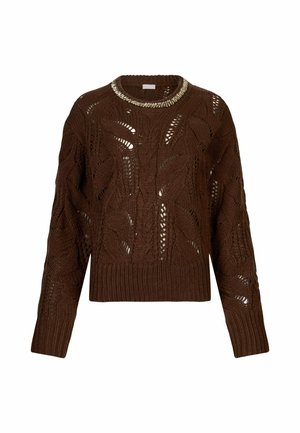 Maglione marrone lavorato a maglia con motivi a treccia e traforati, maniche lunghe, polsini e orlo a coste, e un dettaglio decorativo a catena attorno al colletto.