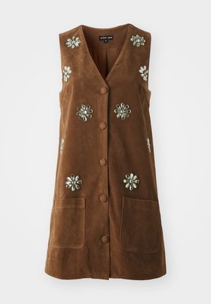 Brown vest with a soft texture, featuring floral embellishments and two front pockets. It has a button-up front and a sleeveless design.