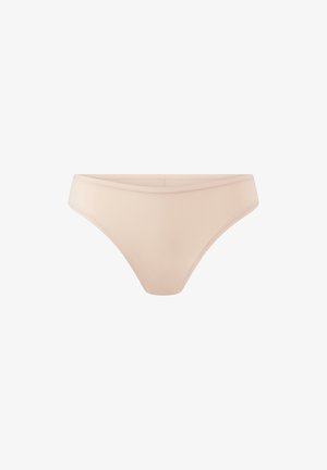 Beige seamless women's bikini-cut underwear with smooth fabric and narrow waistband on plain white background.