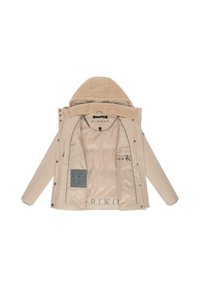 Beige buitenjack met een gestructureerde, harige capuchon. Heeft een gladde binnenkant, drukknoopsluiting en een blauw onderhoudsinstructiepaneel aan de binnenkant.