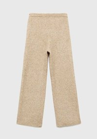 Beżowe spodnie z szerokimi nogawkami wykonane z miękkiej, teksturowanej dzianiny. Posiadają żebrowany pas i proste nogawki bez dodatkowych ozdób.