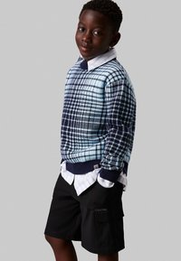 Maglione a maglia in fantasia blu e navy a quadri, indossato sopra una camicia a righe bianca e blu, abbinato a pantaloni cargo neri.