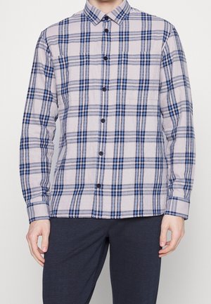 Camicia button-up con un motivo a quadri blu e grigio, realizzata in tessuto leggermente texturizzato, con colletto classico e maniche lunghe.
