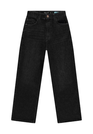 Zwarte rechte jeans met hoge taille, voorzakken, ceintuurlussen, knoopsluiting en subtiele vervaagde details.