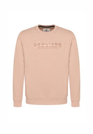 Felpa beige chiaro con girocollo, polsini e orlo a coste, con la scritta "Gabbiano confident" e numeri di coordinate sul petto.