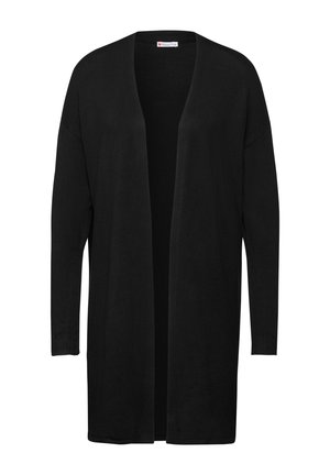 Zwarte lange cardigan gemaakt van zachte stof, met een open voorkant ontwerp, lange dolmanmouwen en zonder sluitingen, met een gladde, onbewerkte oppervlakte.