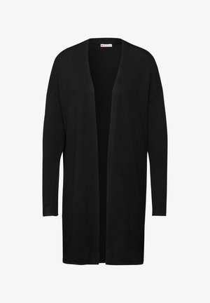 Cardigan long noir en tissu doux, à ouverture frontale, avec de longues manches dolman et sans fermetures, présentant une surface lisse et non texturée.