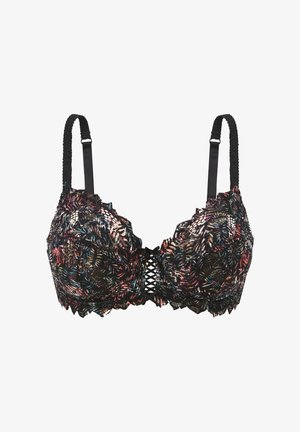 Black lace bra featuring multicolored floral patterns, scalloped edges, and a woven accent at the front. Adjustable straps included.