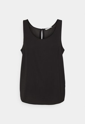 Schwarze ärmellose Bluse mit rundem Ausschnitt und einem Schlüsselloch-Rückendetail. Hergestellt aus leichtem Stoff, zeichnet sie sich durch eine lockere Passform und Musterfreiheit aus.