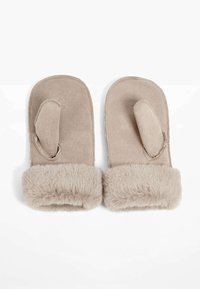 Beige mittens with a soft faux fur trim. The main material appears smooth with a curved thumb design on one side.