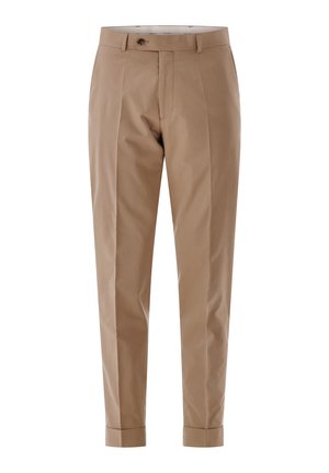 Herren beige maßgeschneiderte Hose mit Gürtelschlaufen, vorderem Knopf, Reißverschluss, Bügelfalten und umgeschlagenen Säumen.