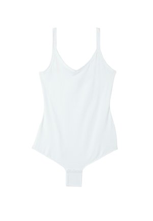 Bodysuit blanc avec décolleté en V, fines bretelles et design sans coutures. Fabriqué en tissu lisse avec une forme minimaliste. Taille ajustée.