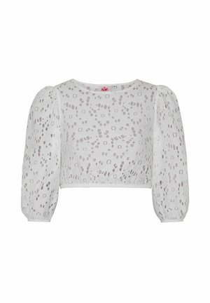 Weißes, kürzer geschnittenes Oberteil aus transparenter Spitze mit floralen Mustern und Puffärmeln. Rundhalsausschnitt und elastischer Saum.
