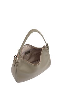 Olijf groene leren handtas met een enkele handgreep, gouden ritsdetails en een ruime binnenkant met een lichte voering.