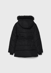 Black puffer jacket featuring a faux fur-lined hood, quilted design, belted waist, and elasticized cuffs. Rear view shown.