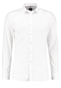 Vit långärmad skjorta gjord av slätt tyg. Har klassisk krage, knäppning framtill och knäppdetaljer på ärmsluten.