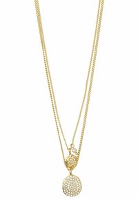 Gouden ketting met twee schakels en een ronde hanger bedekt met heldere kristallen, met een decoratieve haaksluiting en parelaccent.
