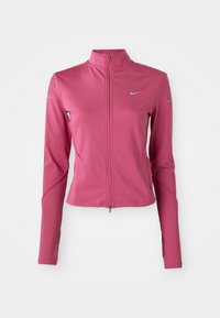 Naislong-sleeve pink athletic jacket with front zipper, high collar, and reflective Nike swoosh on chest and sleeves.