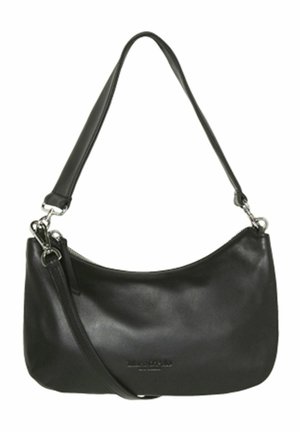 Musta nahkainen olkalaukku hopeisilla metalliosilla, vetoketjusuljinnalla ylhäällä ja yhdellä leveällä kantohihnalla.