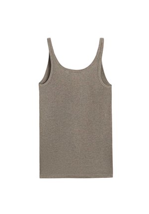 Débardeur en tricot côtelé sans manches de couleur marron clair avec encolure dégagée, conçu pour un usage décontracté.