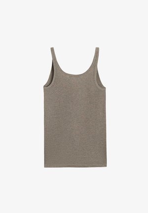 Ærmeløs ribstrikket tanktop i lysebrun med rund halsudskæring, designet til afslappet brug.