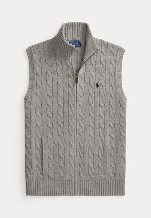 Gilet sans manches en maille torsadée grise avec fermeture éclair devant, col et ourlet côtelés, et petit logo brodé sur la poitrine gauche.