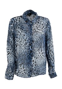 Blouse met lange mouwen, knoopsluiting en een blauw-zwart luipaardprintpatroon, afgebeeld op een witte achtergrond.