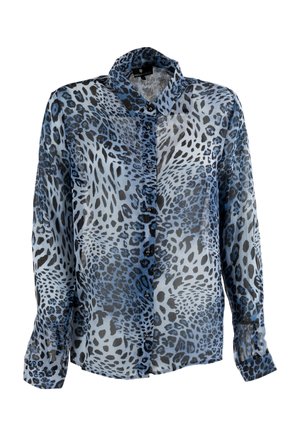 Blusa a maniche lunghe con bottoni, in tinta unita blu e nera con motivo leopardato e colletto a punta, mostrata su sfondo bianco.