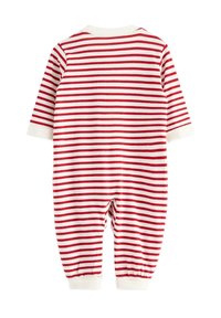 Red and white horizontal striped long-sleeve baby romper with cuffs on sleeves and legs, shown from the back.