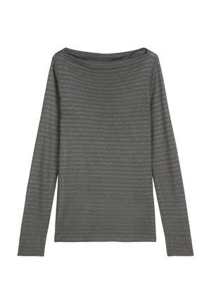Lange mouwen, top met bootnek in donkergrijs, met een subtiel gestreept patroon. Gemaakt van zachte stof met een gladde textuur, casual ontwerp.