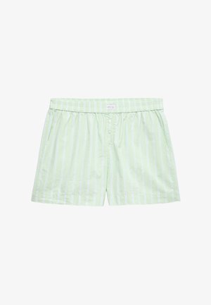Lysegrønne bomuldsshorts med hvide, lodrette striber, der har en elastisk talje og tre knapper foran til lukning.