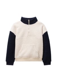 Pull en polaire avec un col zippé demi-long, présentant un corps beige et des manches bleu marine, une poche avant, un tissu texturé et des poignets côtelés.