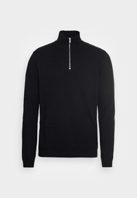 Pull-over noir à demi-fermeture éclair avec un col montant, des poignets et un ourlet côtelés, fabriqué dans un tissu doux. Dispose d'une fermeture éclair métallique au niveau du col.