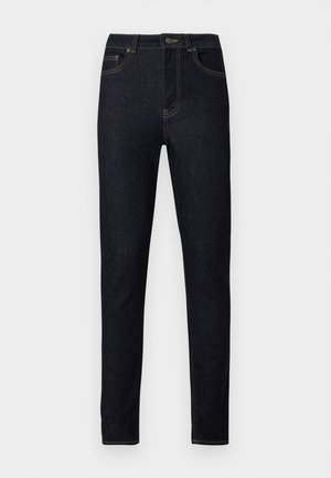 Tumši zili džinsa bikses ar šauru piegriezumu, ar oranžām šuvēm, pogu aizdari un tradicionālu piecu kabatu dizainu.