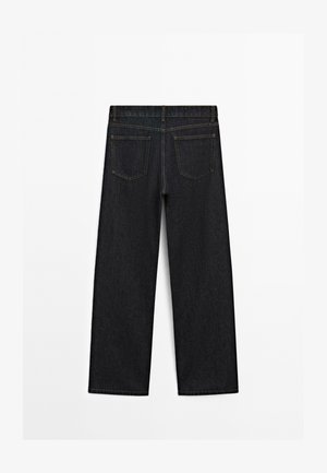 Sorte denimjeans med lige pasform, der har to baglommer, kontraststing og en talje uden synlige spænder.