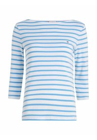 Top de manga larga con rayas azules y blancas, escote bote, confeccionado con tela suave, con un pequeño logo en el pecho.