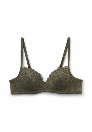 Dunkelgrüner Spitzen-BH mit gepolsterten Körbchen, verstellbaren Trägern und gezackten Kanten. Der Stoff ist durchgehend mit einem Blumenmuster versehen.