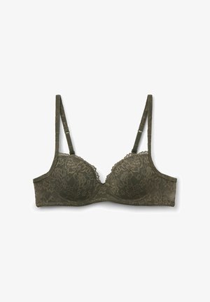 Dunkelgrüner Spitzen-BH mit gepolsterten Körbchen, verstellbaren Trägern und gezackten Kanten. Der Stoff ist durchgehend mit einem Blumenmuster versehen.
