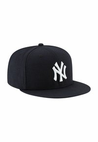 Black baseball cap with a flat brim, featuring an embroidered white "NY" logo on the front and a textured fabric finish.