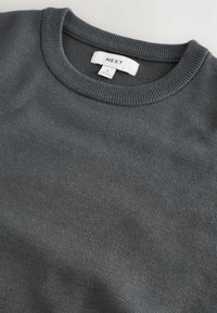 Suéter de punto en gris oscuro con cuello redondo acanalado. La tela parece suave y lisa, y presenta una etiqueta con la palabra "NEXT" en el cuello.