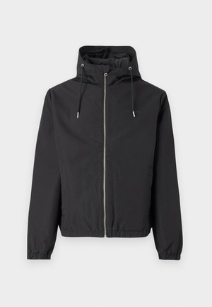 Black lightweight jacket with a high collar, full zipper, and drawstring hood. Soft fabric, elastic cuffs, and a relaxed fit.