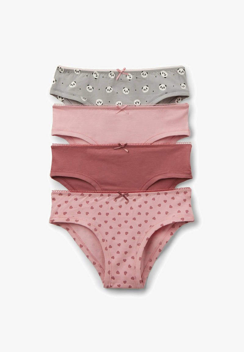 Set aus vier Paar Damenunterwäsche. Farben: grau mit Panda-Print, hellrosa, dunkelrosa und hellrosa mit Herzmotiv. Aus weichem Baumwollmaterial.