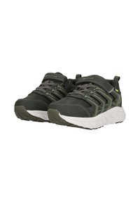 Mörkgröna sneakers med ett strukturerat tygöverkst, som har grå accenter, en vadderad vit sula, och en spänne med kardborreband för en säker passform.