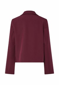 Blazer burdeos con solapa, mangas largas y un diseño corto. Tela suave con una parte trasera elegante y minimalista.