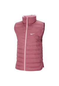 Rosa pufferväst med hög krage, dragkedja framtill och vit Nike-logotyp. Har en kviltad design och inga ärmar, vilket ger isolering utan att ta mycket plats.